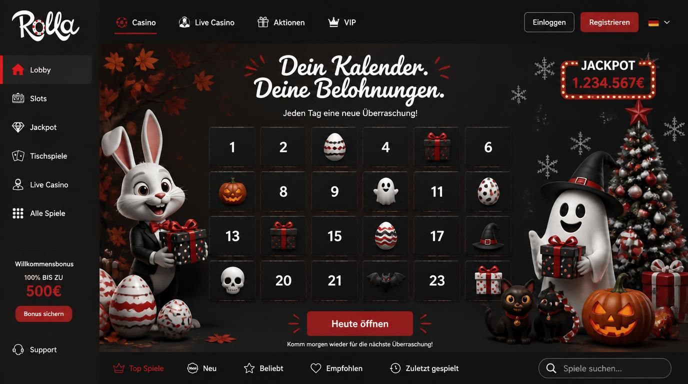 Bild mit saisonalen Symbolen wie Geschenke, Eier, Kürbisse und Casino-Design