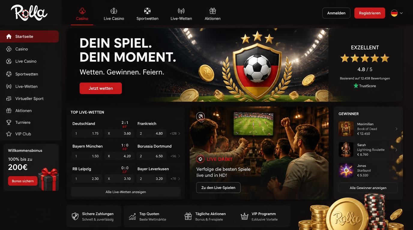 Bewertung und Ruf von Rolla Casino mit Sternen, Fußball und Deutschlandflagge.