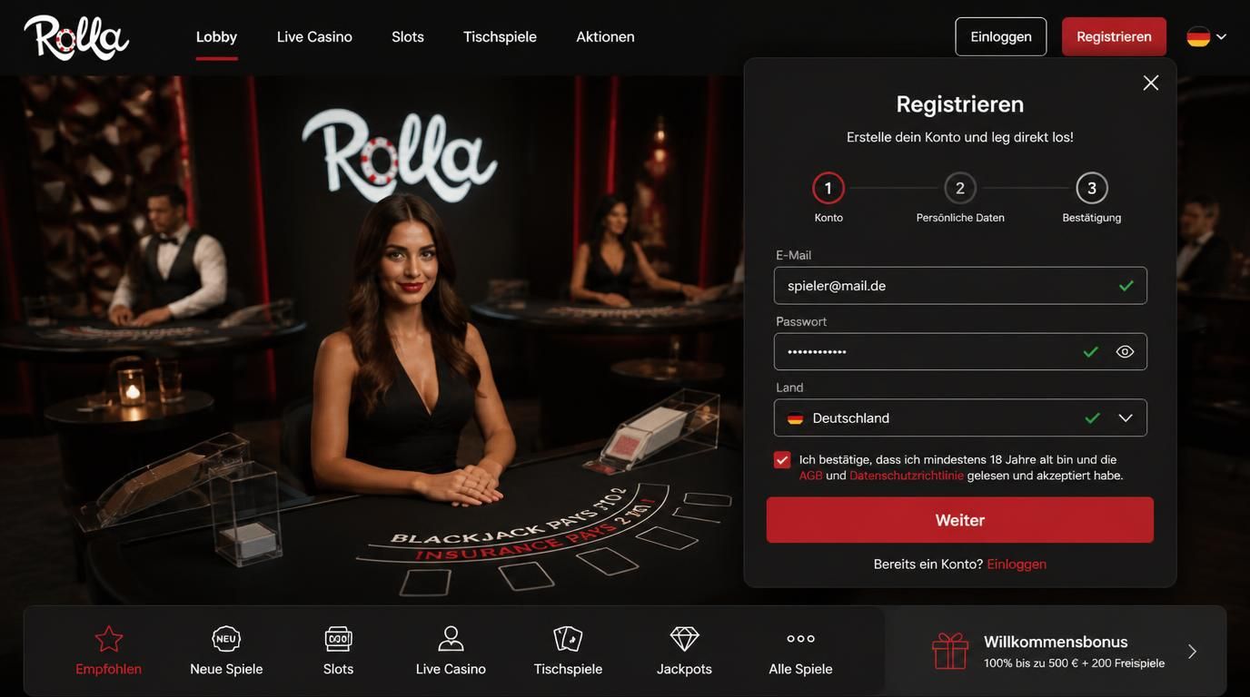 Ein stilvolles Registrierungsdialog-Fenster vor Live-Casino-Kulisse mit hoher Lichtstimmung, Registrieren-Button und Länderwahl „Deutschland“.
