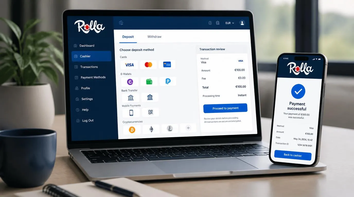 Casino-Kasse mit Auswahl für Karte, E-Wallet, Banküberweisung und Kryptowährungen