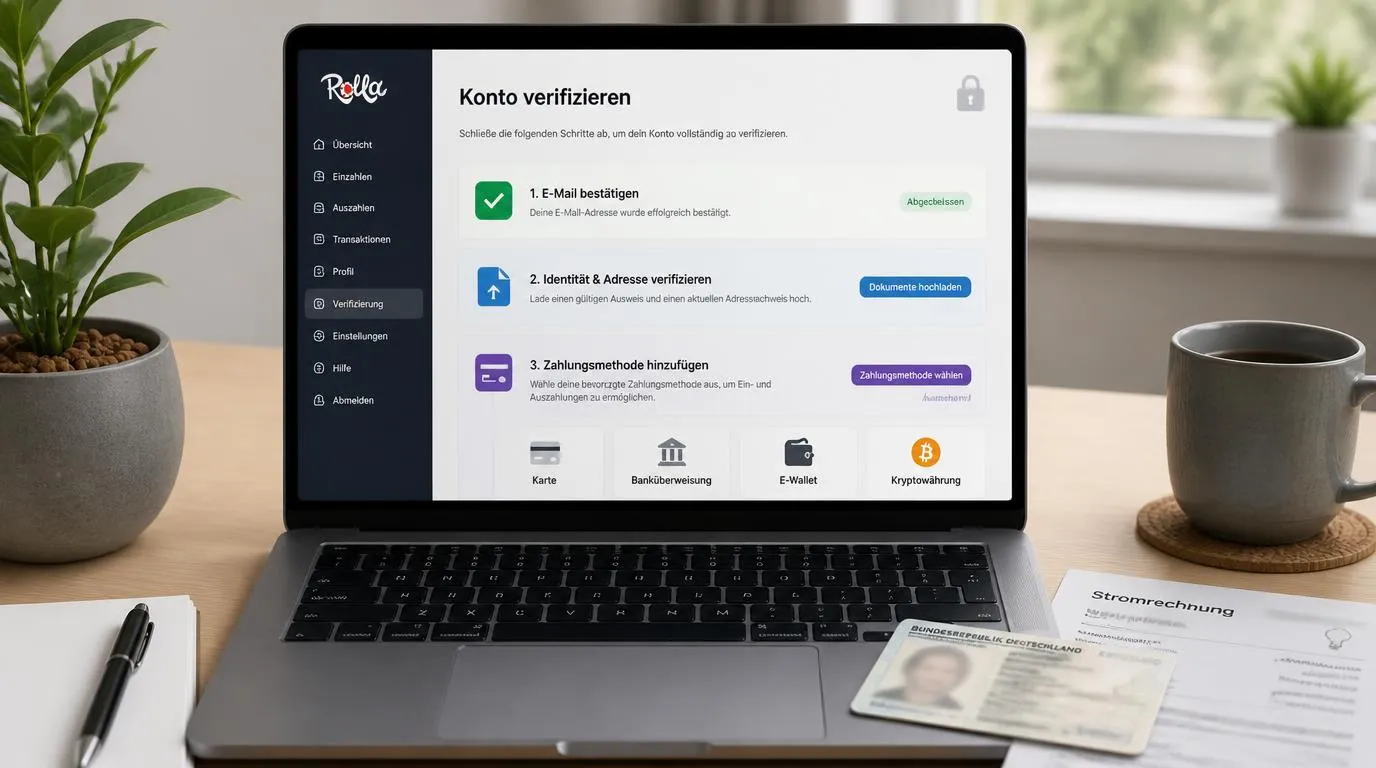 Laptop mit Kontoübersicht, Ausweisprüfung und geschütztem Zahlungsbereich