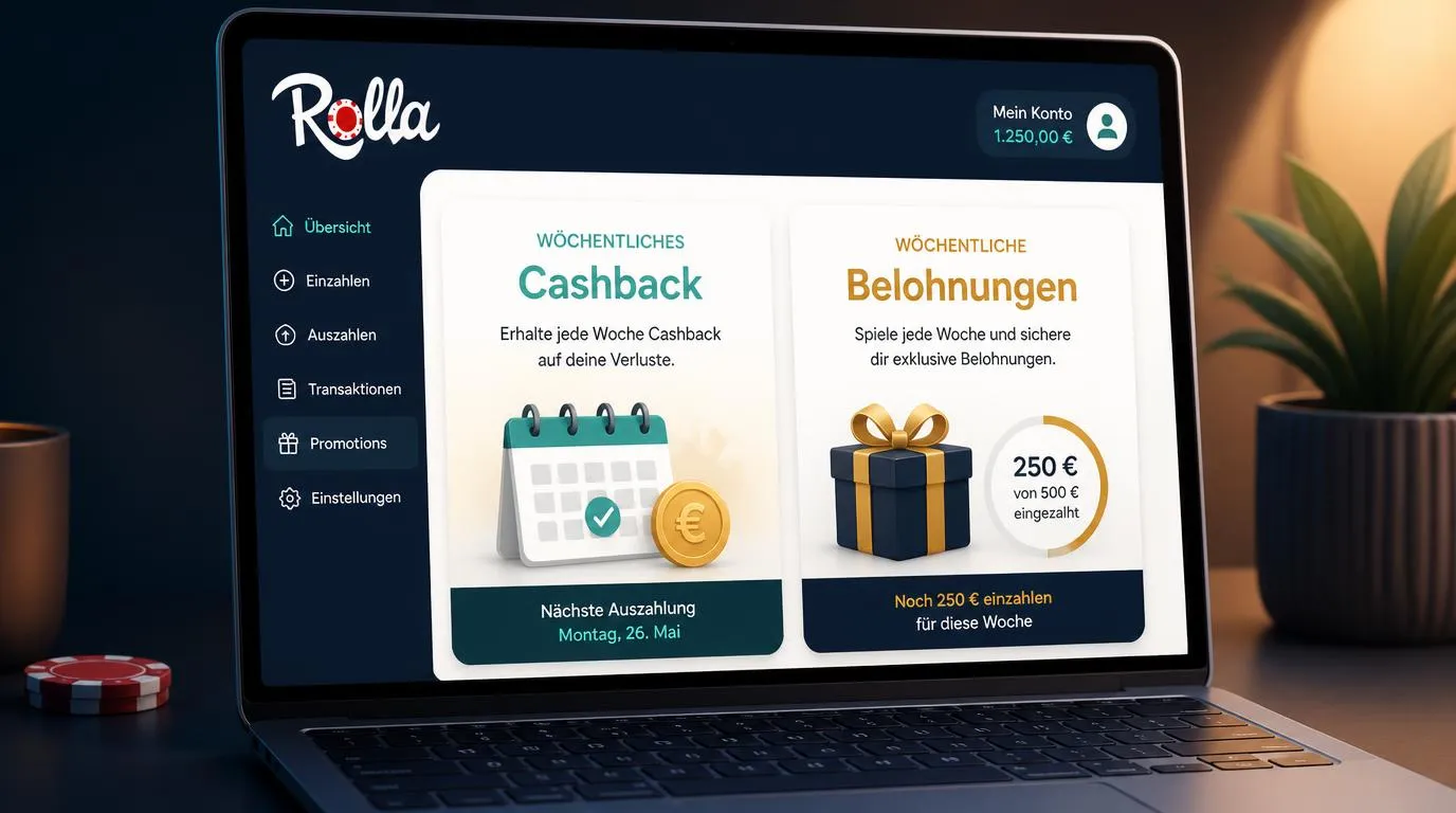 Illustrative Casino-Aktionsübersicht mit getrennten Bereichen für Cashback und wöchentliche Belohnungen