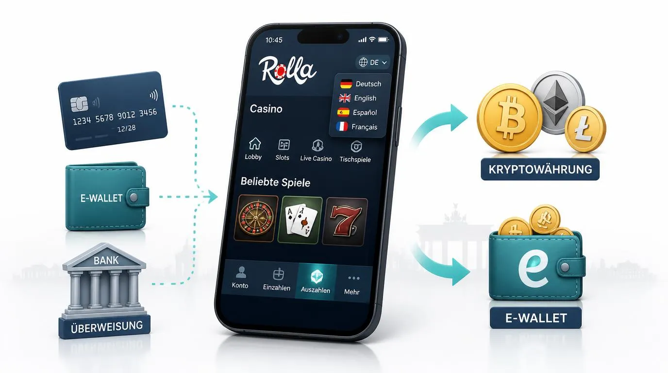 Smartphone mit Casinoansicht sowie Symbolen für Kryptowährungen, E-Wallets, Karten und Sprachauswahl