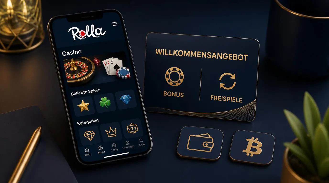 Smartphone mit Casino-Oberfläche neben Bonuskarte und Symbolen für E-Wallet und Krypto-Auszahlung