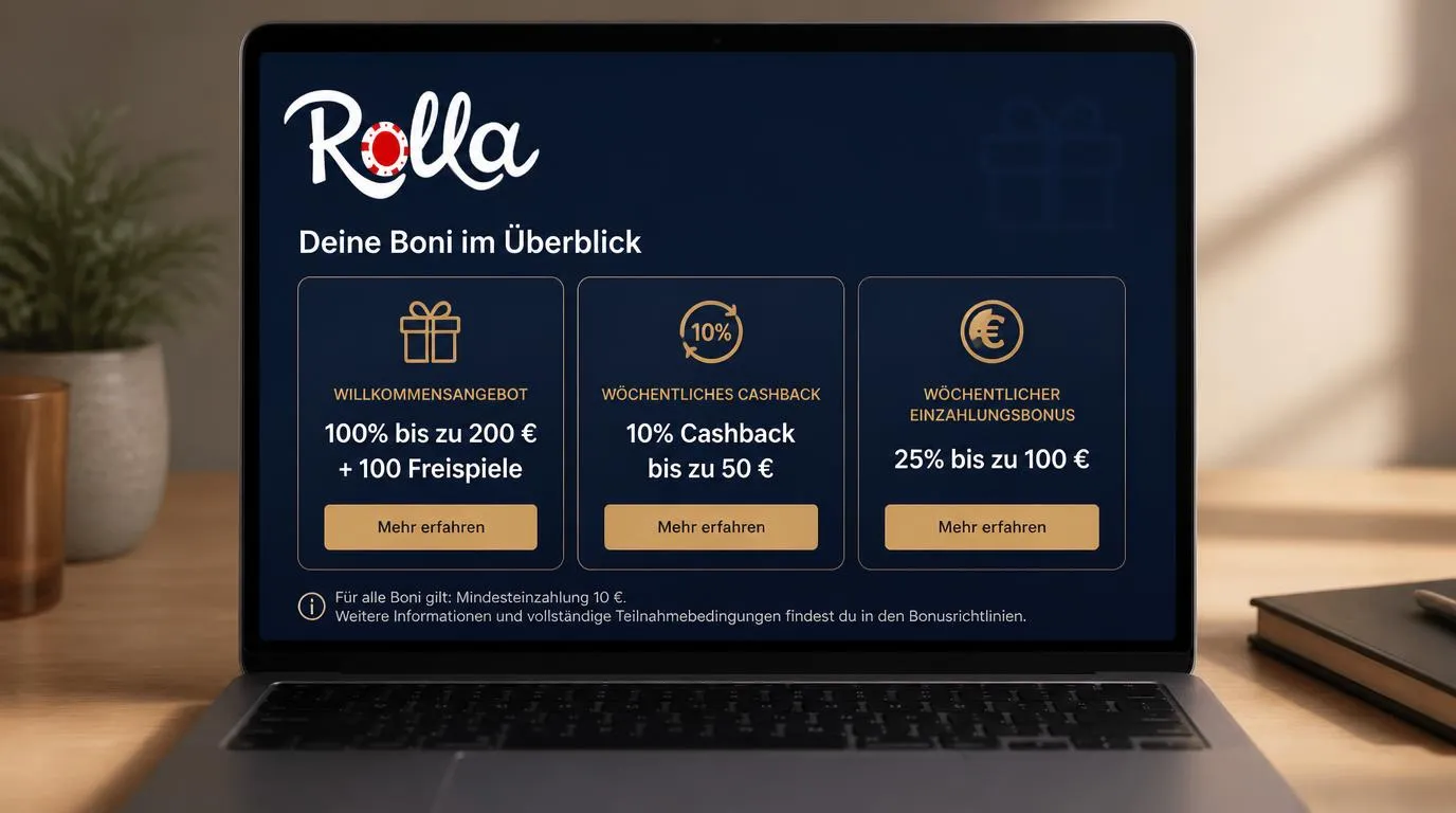 Casino-Bonusübersicht mit Willkommensangebot, Cashback und wöchentlicher Prämie auf einem Bildschirm