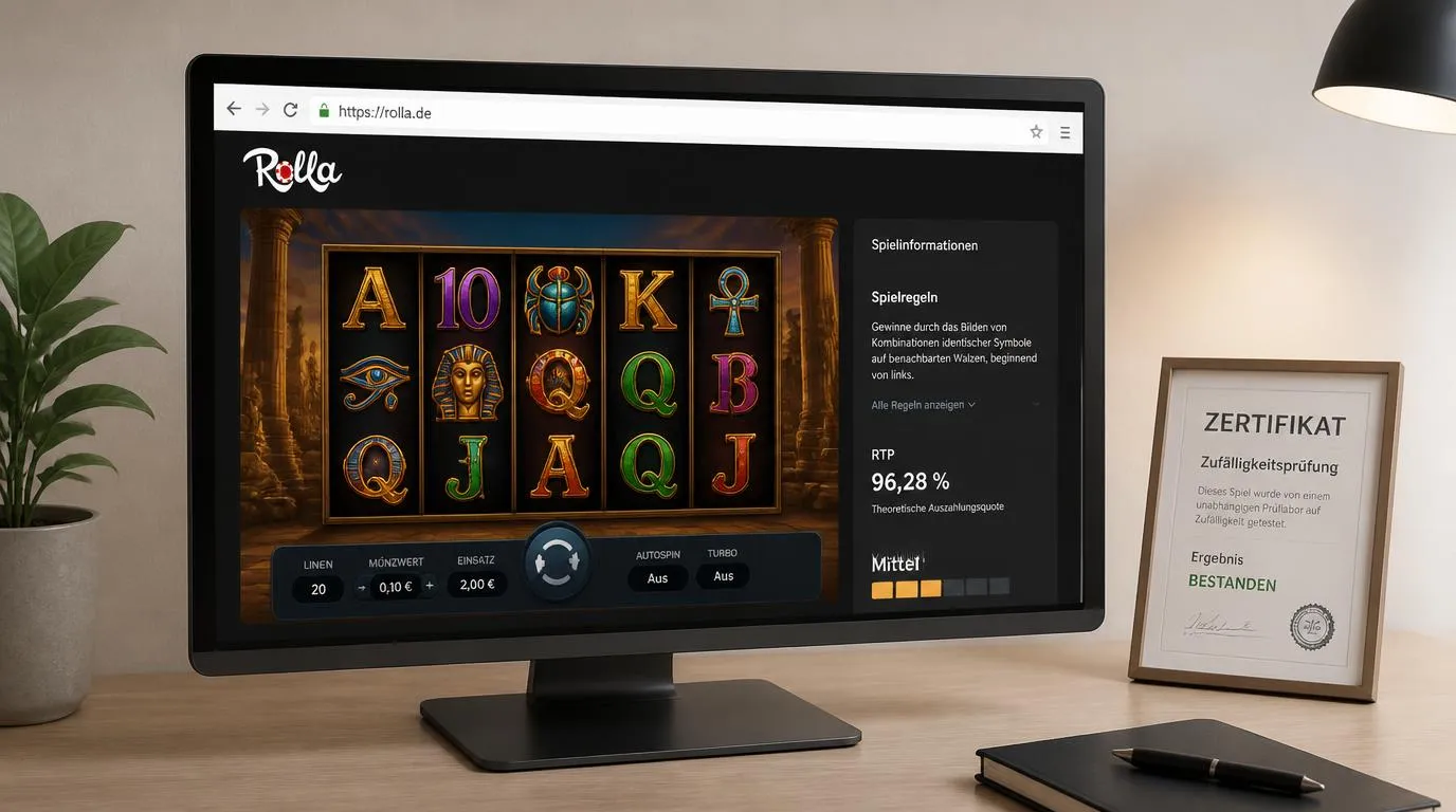 Casino-Spieloberfläche mit sichtbaren Spielregeln, RTP-Angabe und Hinweisen auf geprüfte Software
